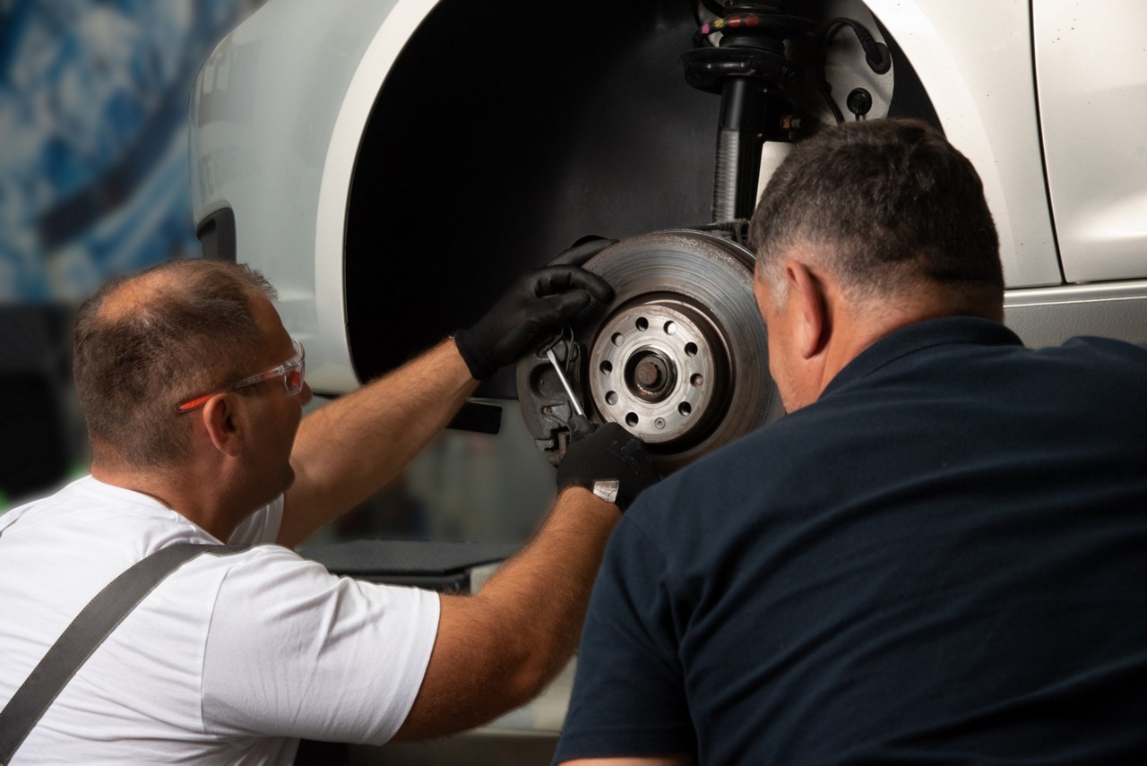 ZAM_6164 copy Mechanic installing brake discs in a car